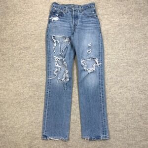 Levis Jeans Womens 25 Blue Pants 501 Button Fly Light Destroyed American Denim‎